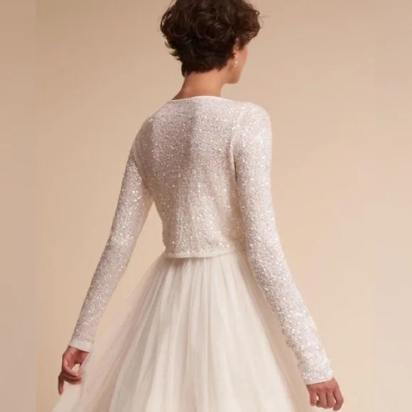 BHLDN Elegant Iridescent White Sequin Long Sleeve Sweater Bridal Cover Up Ananda - Picture 2 of 7